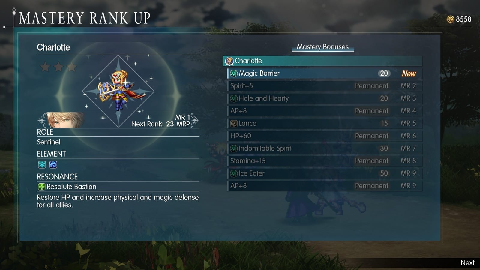 Mastery Rank Up screen for Charlotte, a Sentinel with Ice and Water elements and the Resonance Resolute Bastion