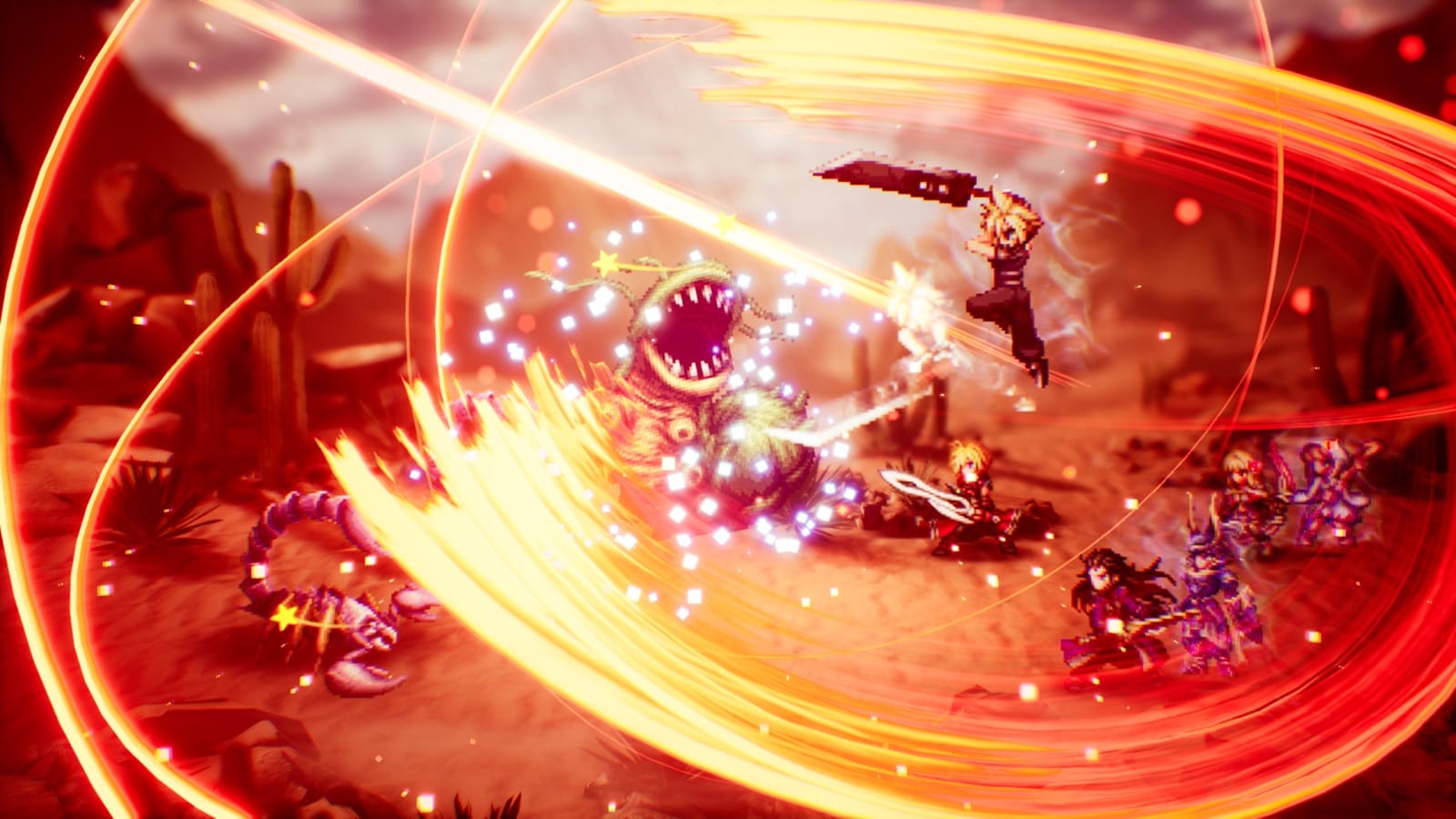 Cloud leaping with the Buster Sword against a desert enemy as red energy arcs across the screen