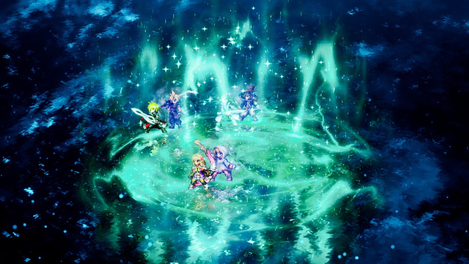 Green healing wind swirling around the full party in Final Fantasy Resonance