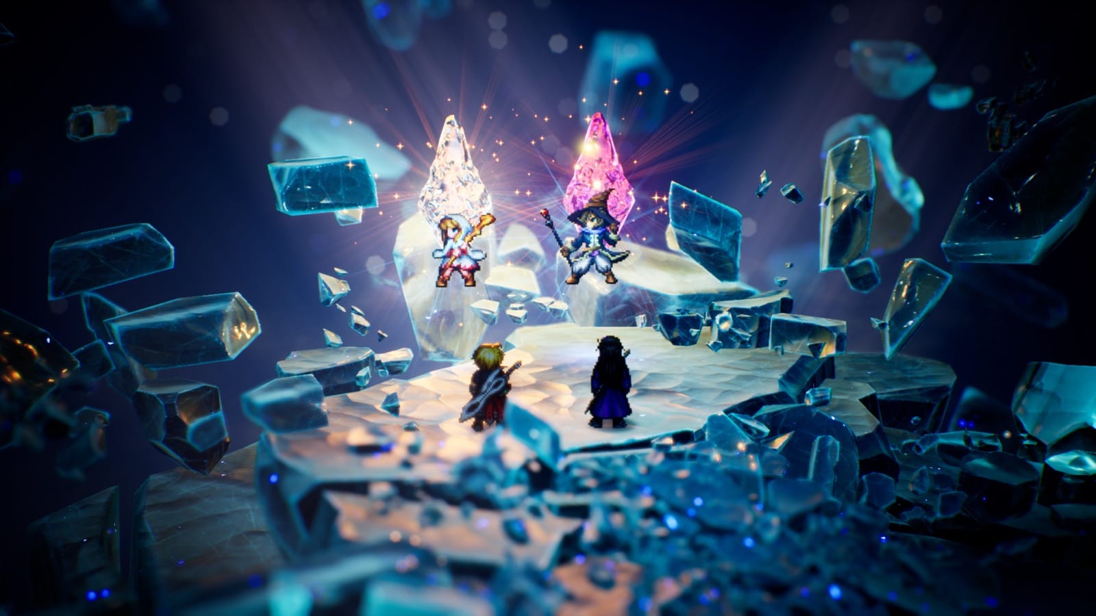 Two glowing Vision crystals inside a Sanctum of Light with Rain and Lasswell standing before them