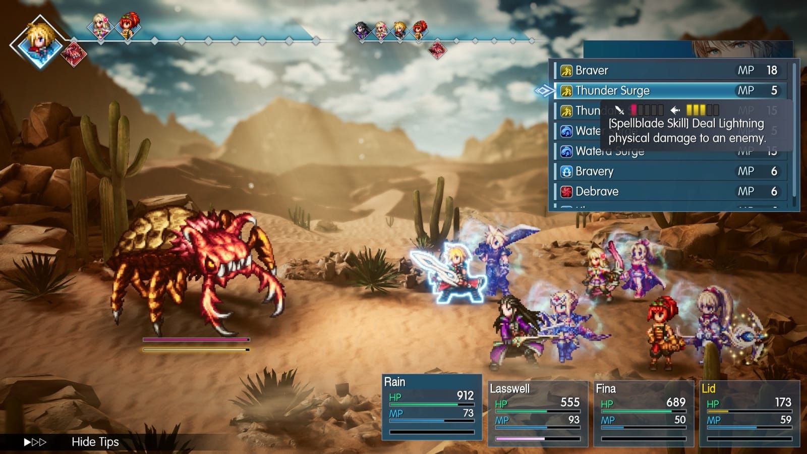 Battle ability menu in Final Fantasy Resonance showing Thunder Surge, a Spellblade skill that deals lightning physical damage