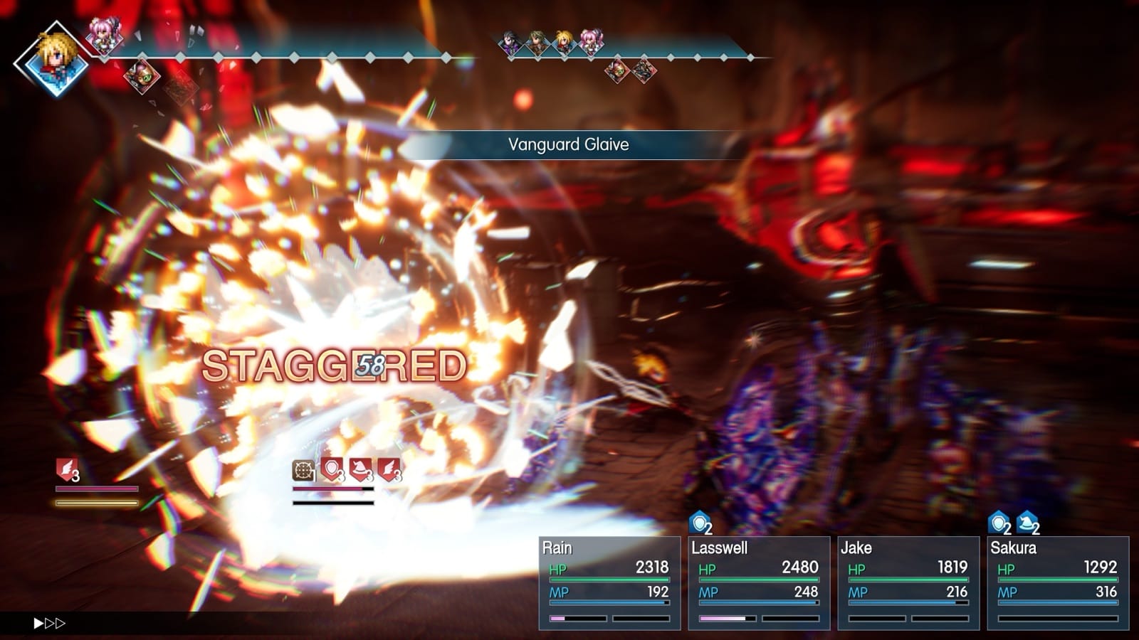 Final Fantasy Resonance battle with STAGGERED displayed over a boss and the party HP bars below