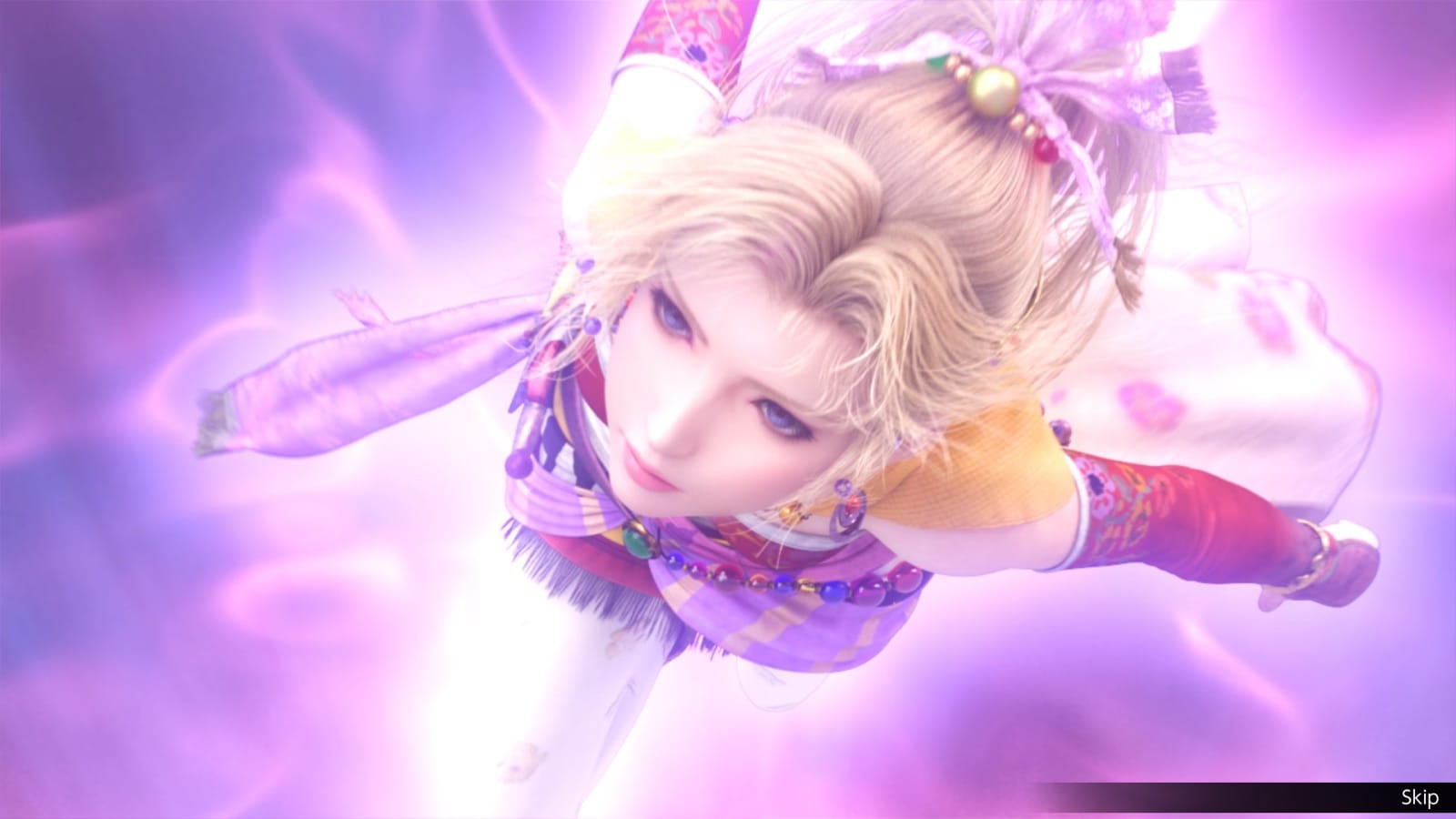 Terra from Final Fantasy VI in her Vision cinematic, seen from above against a purple glow