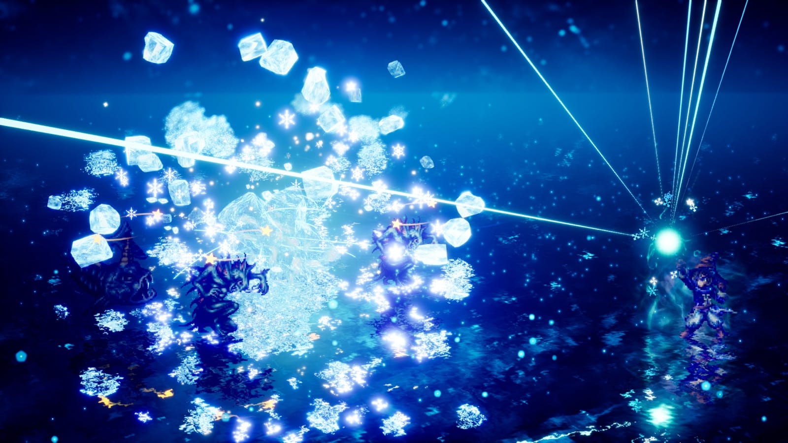 Tronn casting ice magic across a dark blue battlefield in Final Fantasy Resonance