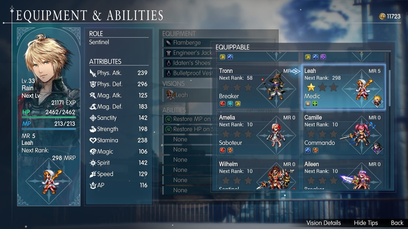 Equipment and Abilities menu showing Visions Tronn as a Breaker with Fire, Ice and Lightning, and Leah as a Medic