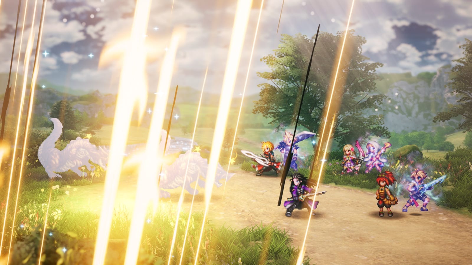 Party of pixel-art heroes on a sunlit road as beams of light strike a white dragon