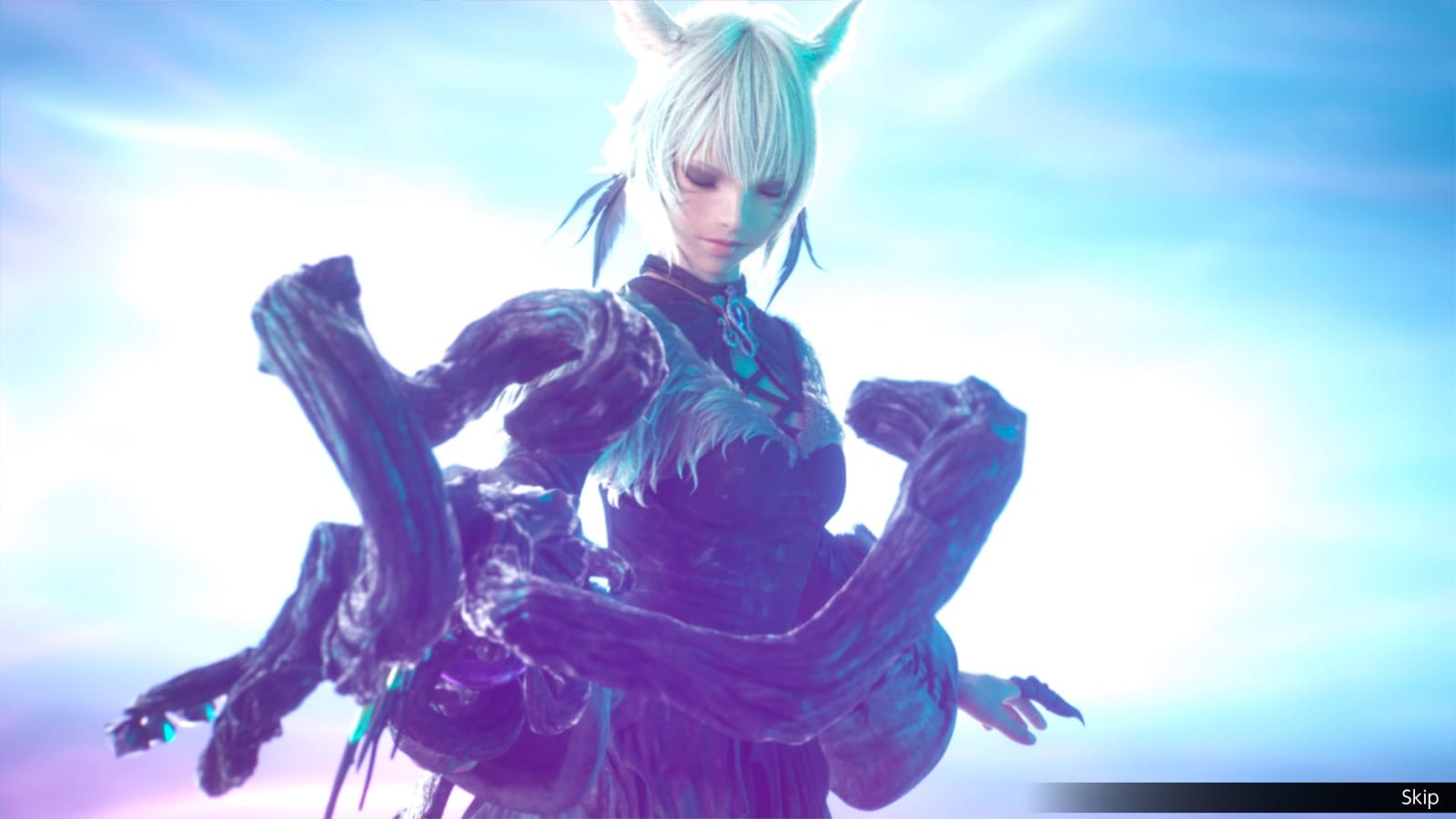 Y'shtola from Final Fantasy XIV in her Vision cinematic, surrounded by twisting aether