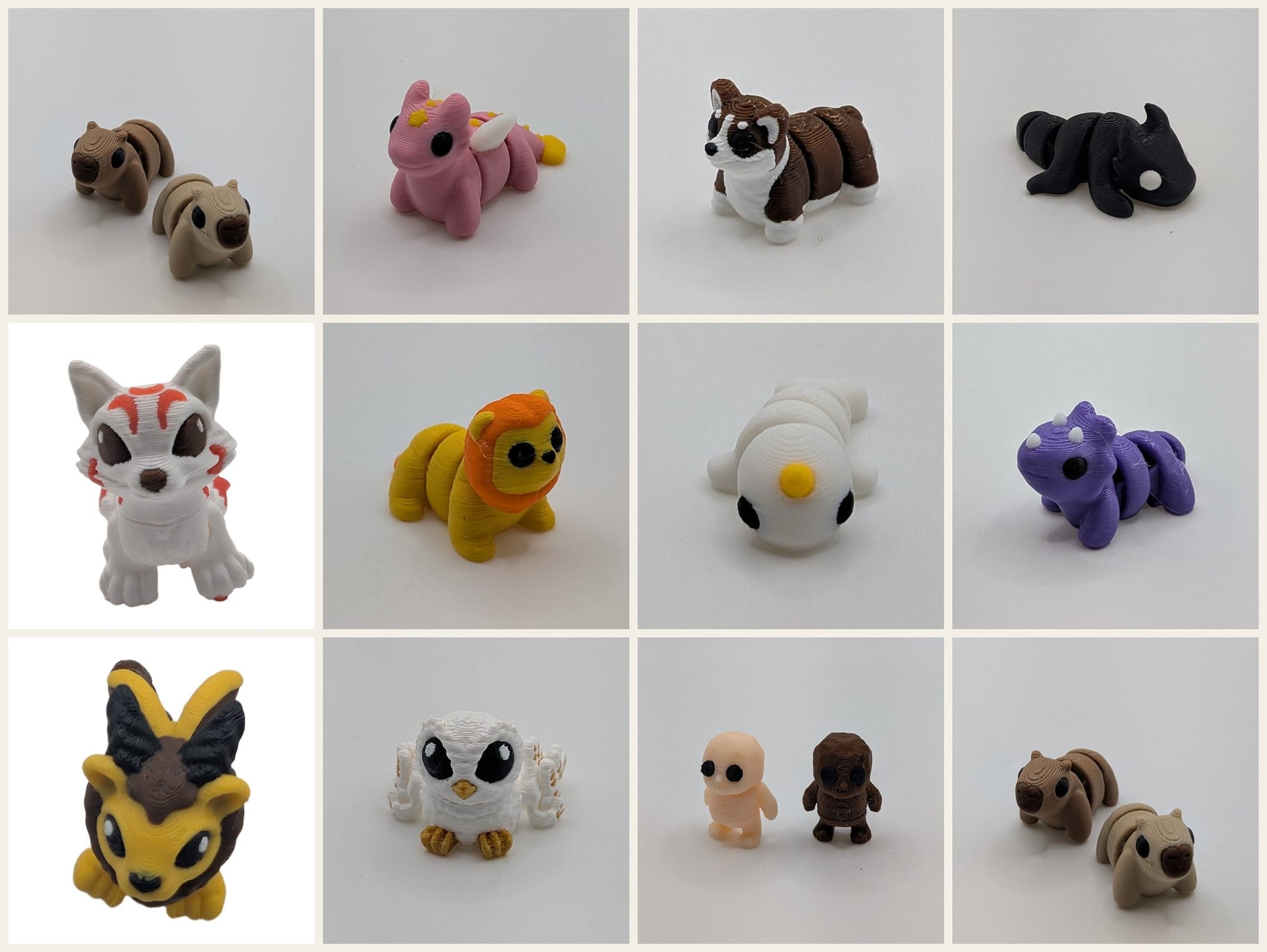 A 12-pack of Geeky Inc multi-color 3D-printed creature minis