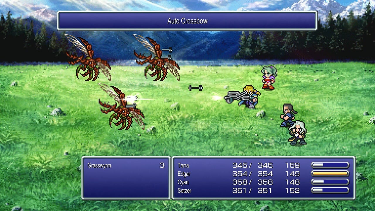 Terra, Edgar, Cyan and Setzer in battle in the Final Fantasy VI Pixel Remaster
