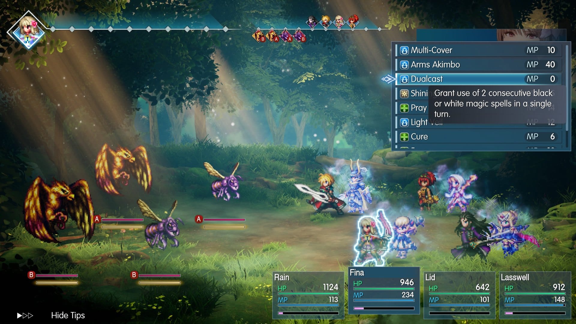 Fina's ability menu in Final Fantasy Resonance with Dualcast highlighted, alongside Multi-Cover, Arms Akimbo and Cure