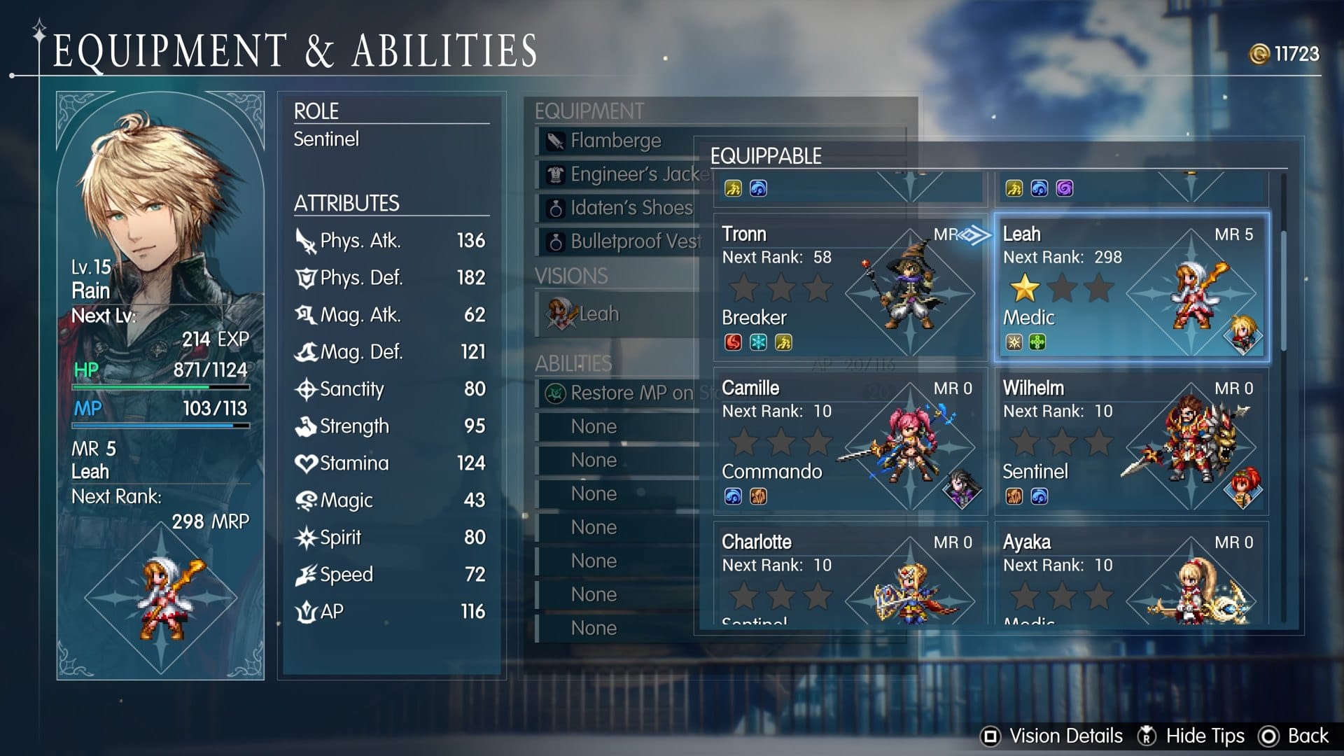 Final Fantasy Resonance Equipment and Abilities screen showing Rain with the Leah Vision equipped and the Vision list with roles and Mastery Ranks