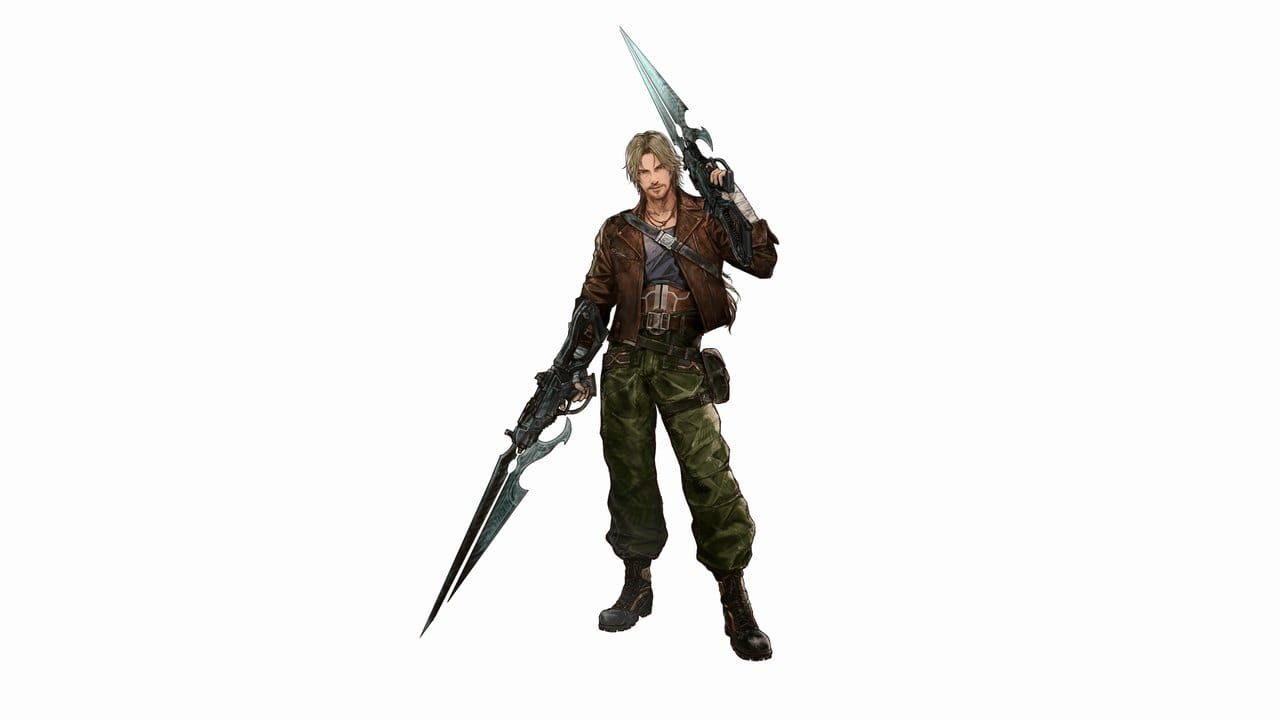 Jake, the rebel army leader from Final Fantasy Resonance, with his twin gun-blades