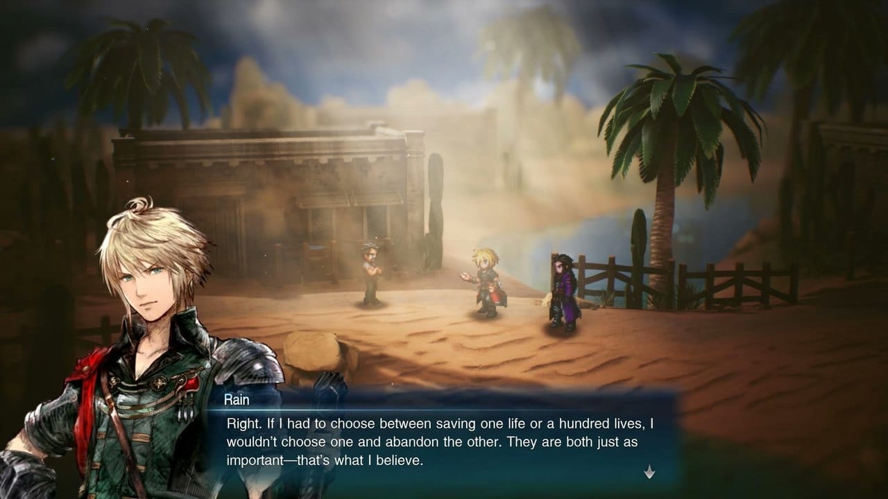 Rain, the protagonist of Final Fantasy Resonance, speaking in a desert town scene