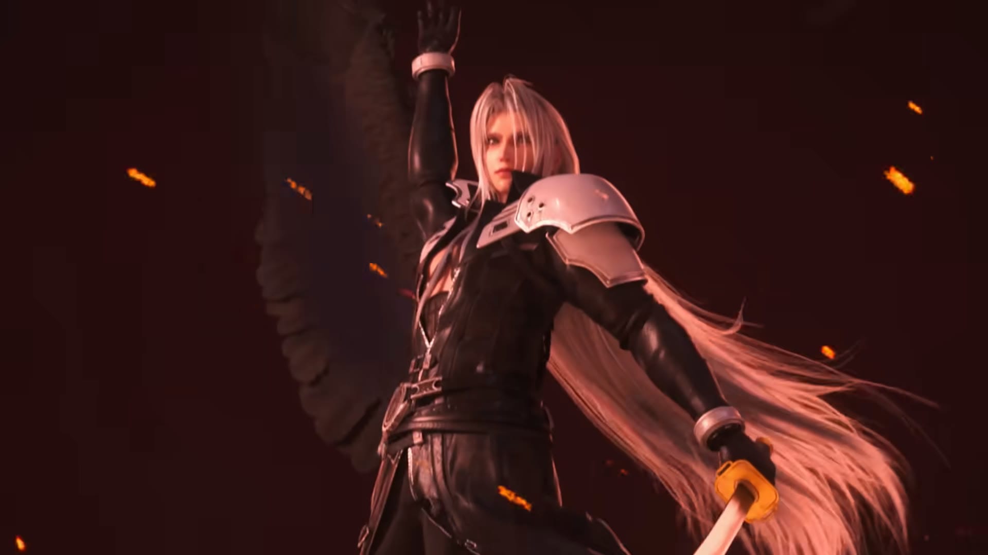 Sephiroth raises one hand in a CG scene from Final Fantasy Resonance