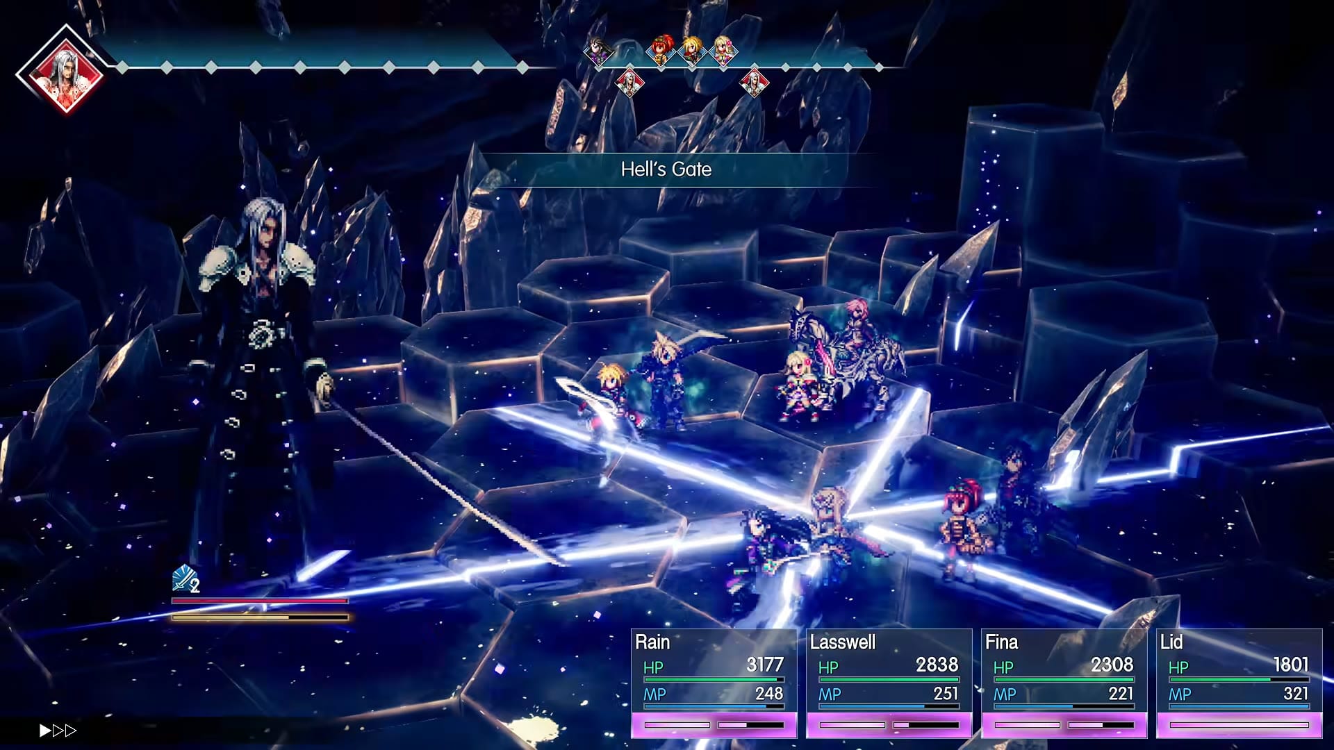 Sephiroth uses Hell's Gate on Rain, Lasswell, Fina and Lid in the Final Fantasy Resonance boss fight