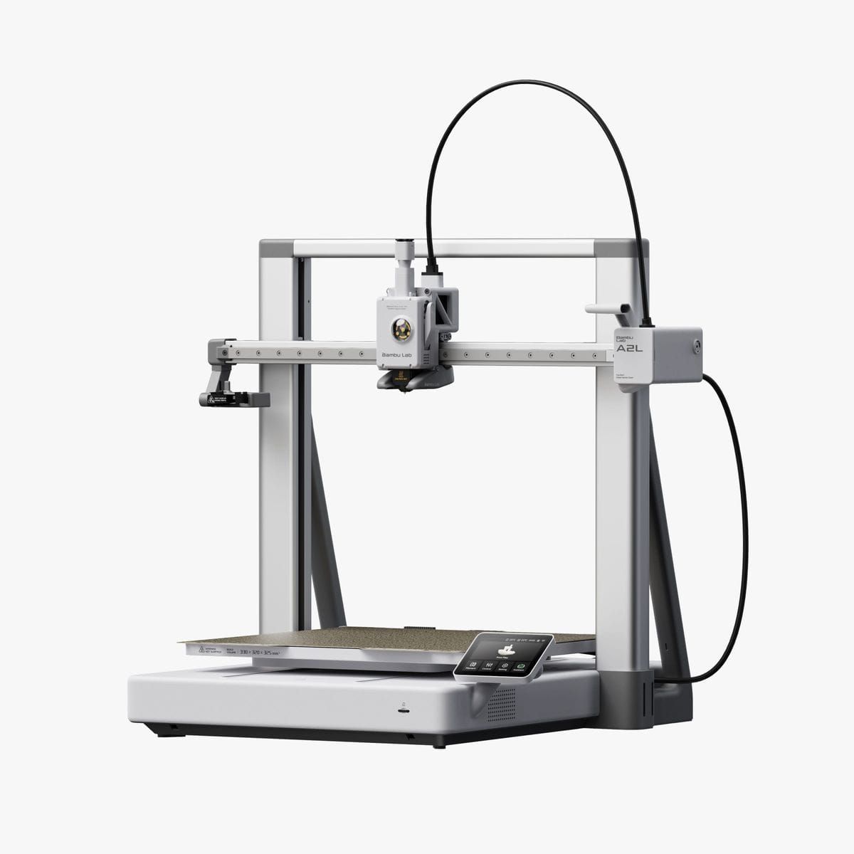 Bambu Lab A2L 3D printer, front three-quarter studio view