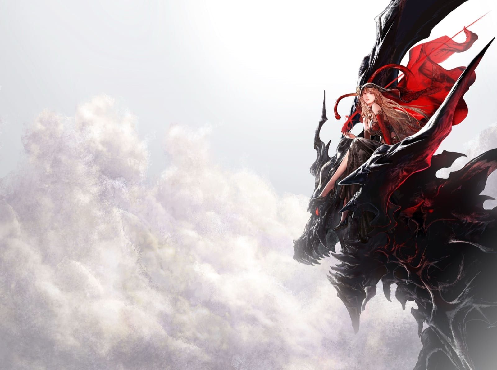 Final Fantasy Resonance key art: Fina riding Bahamut through the clouds