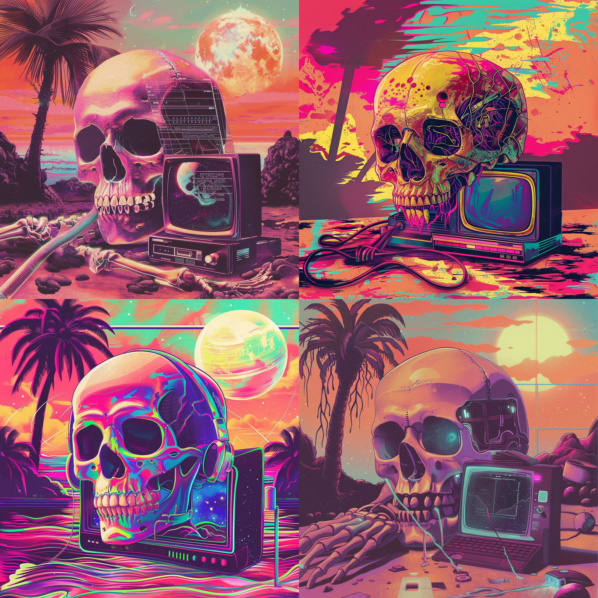 Retro-futuristic artwork featuring skulls intertwined
