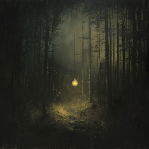 A light bulb glows in a dark misty forest, symbolizing ideas emerging from darkness.