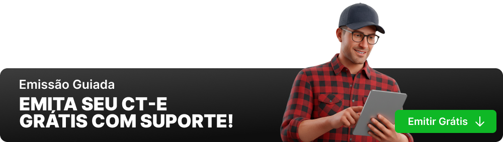 banner com um caminhoneiro segurando um tablet ao lado copy com '' EMITA SEU CTE GRÁTIS''