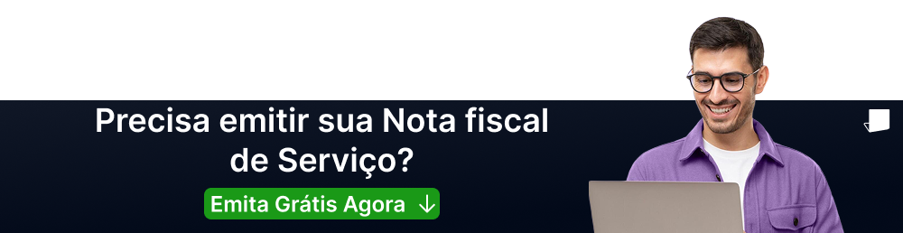 Banner com homem sorrindo usando um laptop ao lado da pergunta 'Precisa emitir sua Nota fiscal de Serviço?'. Abaixo, um botão verde convida a emitir Nota Fiscal Goiânia grátis agora.