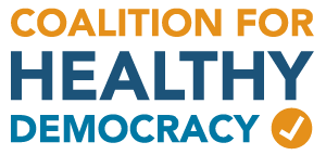 Logo for the Coalition for Healthy Democracy in orange and blue text. There is also a white check mark in an orange circle after the text