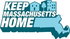 Logo for Keep Massachusetts Home that has white text outlined with blue. Next to the text is a graphic of a street with mixed housing and the state outline of Massachusetts 