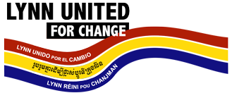 Logo for Lynn United for Change in black letters with a rainbow below that has the colors red, yellow and blue