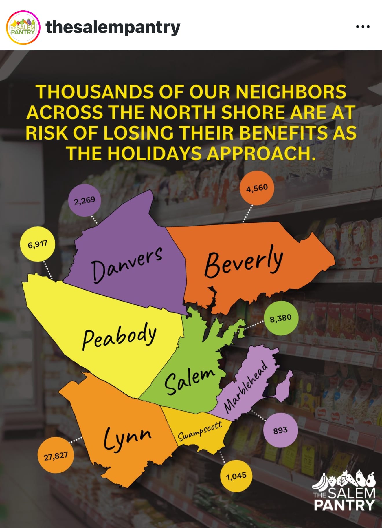 Graphic that the Salem Pantry had shared on Instagram showing a map of the North Shore of Massachusetts. For each town on the map, the graphic lists the number of people who will be impacted by the imminent SNAP freeze. These numbers are: Danvers (2,269), Beverly (4,560), Salem (8,380), Marblehead (893), Swampscott (1,045), Lynn (27,827), and Peabody (6,917)  