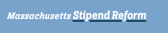 Logo for Massachusetts Stipend Reform that has white text in italics against a light blue background
