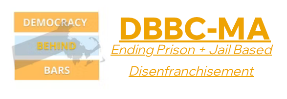 Logo for Democracy Behind Bars. Democracy is white text against an orange background; Behind is orange text against a light blue background, Bars is white text against an orange background. 
