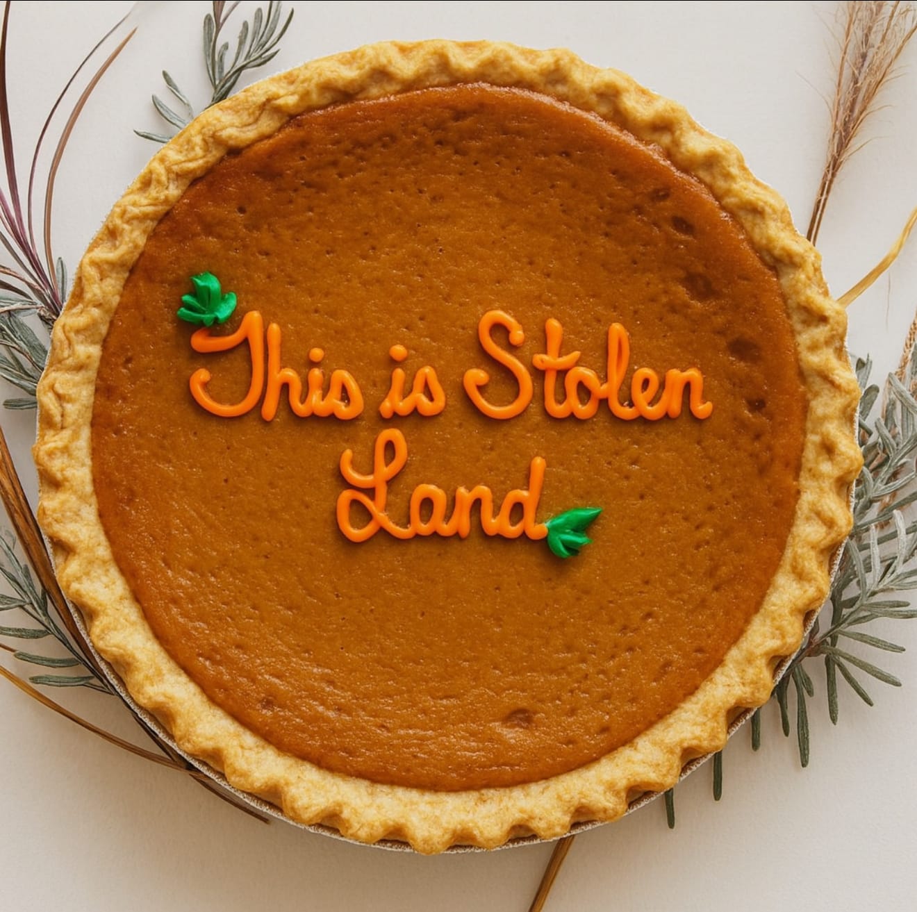 Pumpkin pie with orange frosting that reads, “This is Stolen Land”