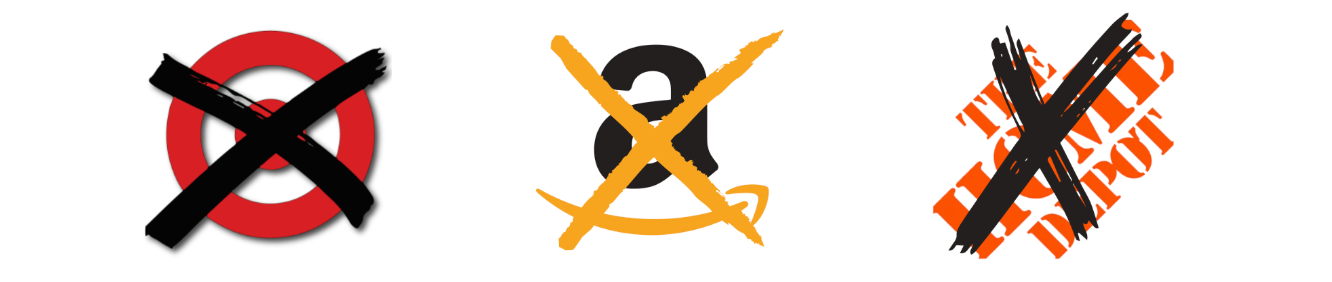 Graphic with logos from Target, Amazon and The Home Depot. Each logo has an X on top of it.