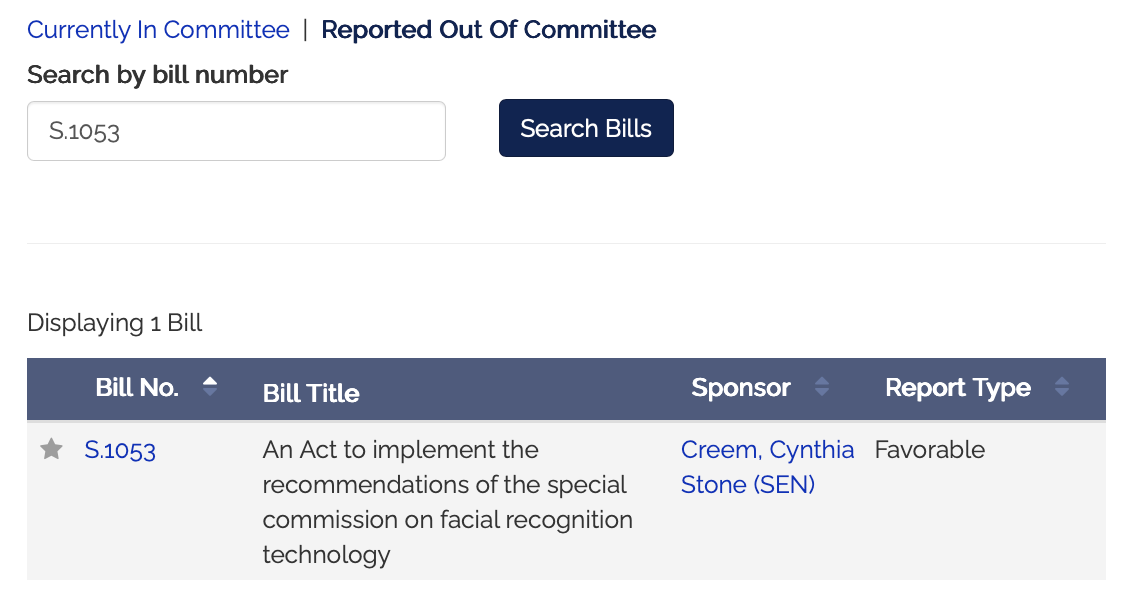 Screenshot of the search result on the Joint Committee of the Judiciary webpage showing that bill S.1054 is listed as Reported Out of Committee with a Favorable report.