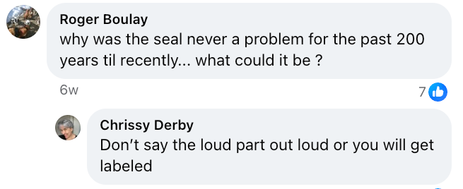 Facebook comment exchange that begins with a comment from Roger Boulay that reads "why was the seal never a problem for the past 200 years til recently... what could it be ? Reply from Chrissy Derby: Don't say the loud part out loud or you will get labeled."