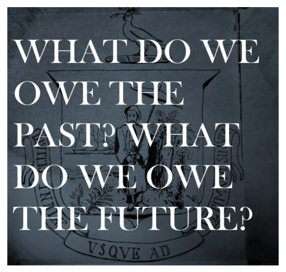 A graphic with a sketch of the city seal greyed out with words overlayed that read: "What do we owe the past? What do we owe the future?