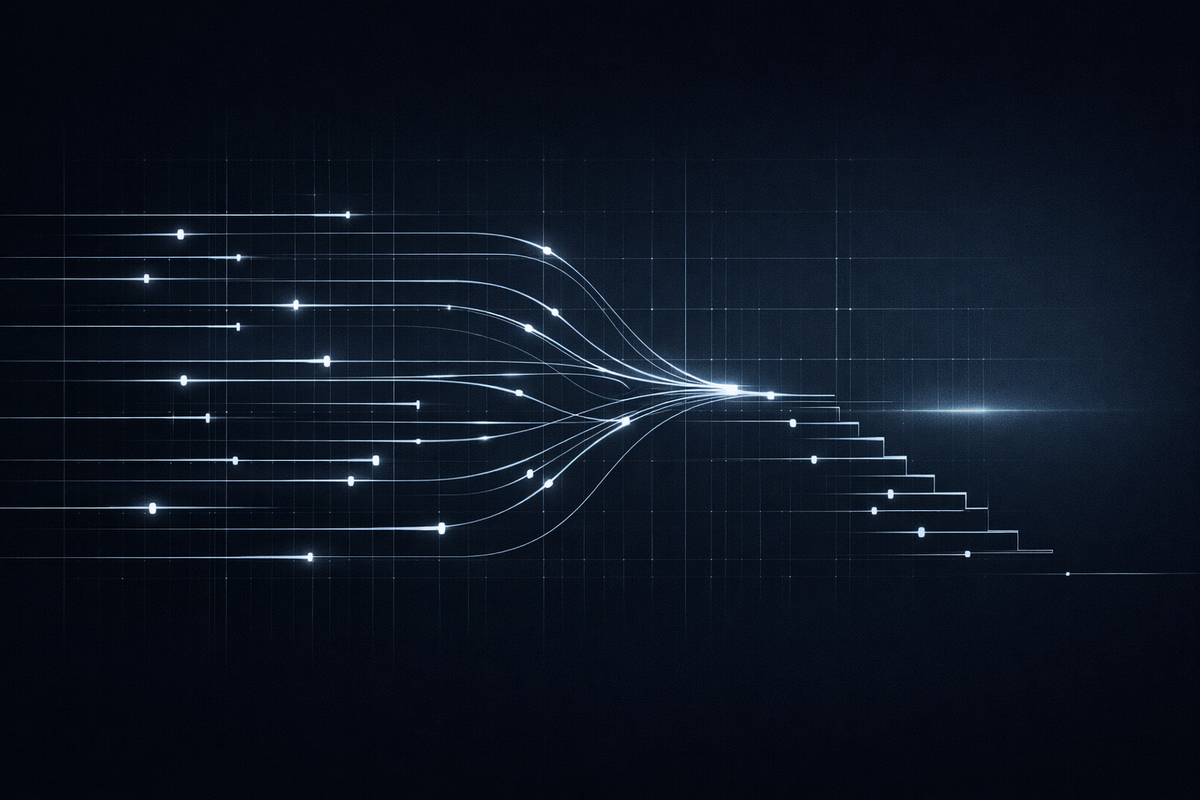Abstract intelligence-grade visual showing converging signal lines on a dark grid, representing timing, response lag, and governance execution risk in AI regulatory oversight.