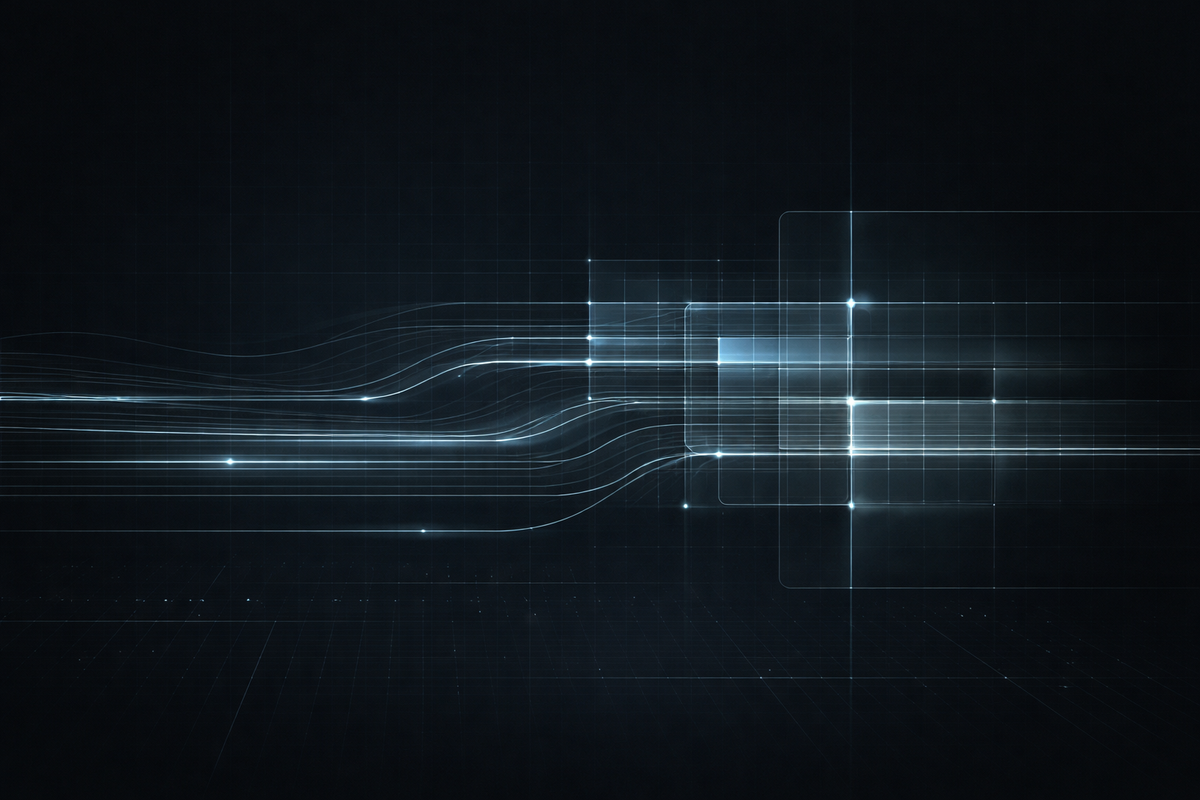 Abstract signal lines resolve into structured grids on a dark background, illustrating AI governance shifting from policy to audit-ready operational oversight.
