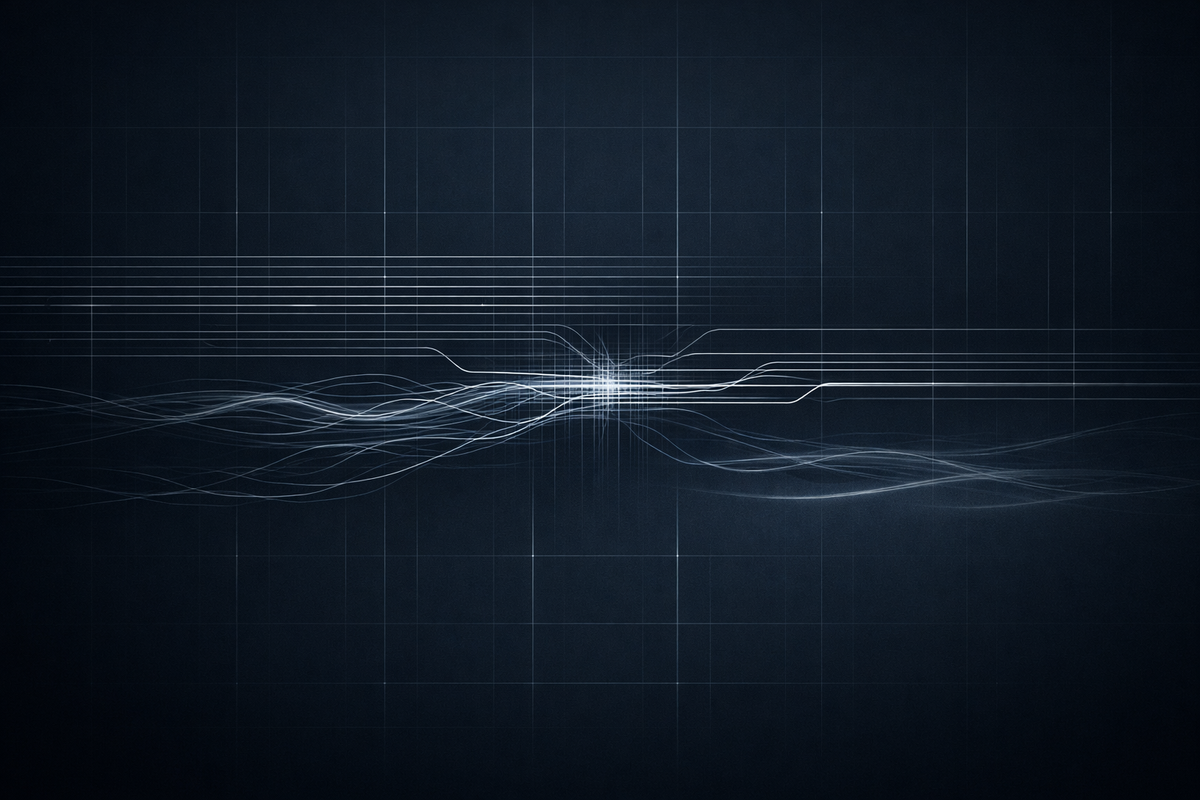 Minimalist visualization of AI generation constrained by licensing and governance, with structured signals compressing against controlled distribution systems
