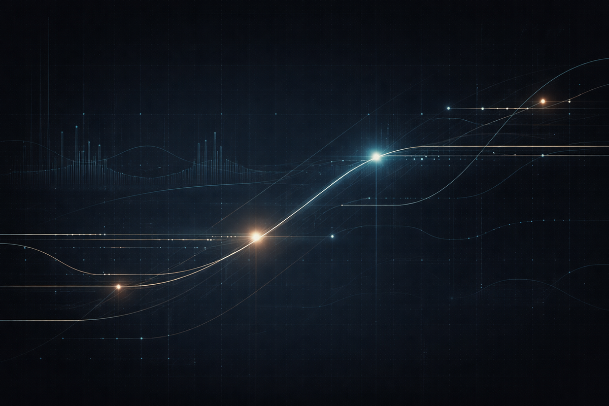 Abstract financial chart with rising curve and glowing data points on dark background, representing spring 2026 mortgage rate risk.