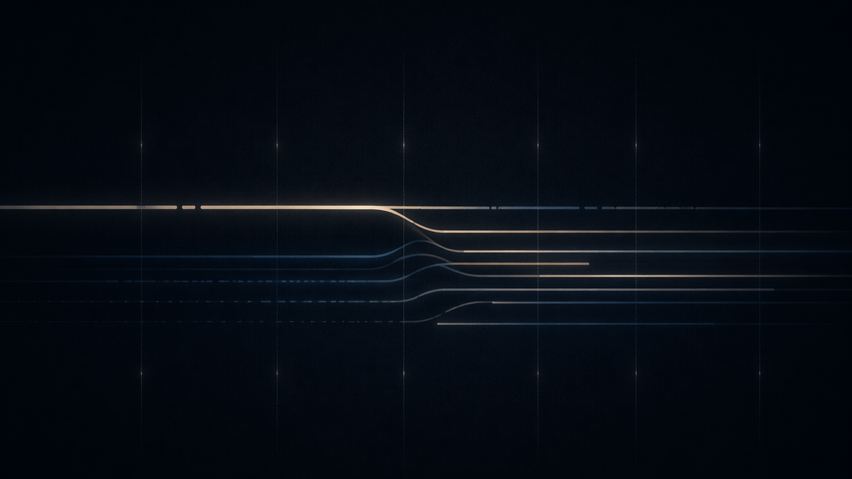Abstract signal grid showing import price pressures splitting from headline data into multiple category-level flows across global trade inputs.