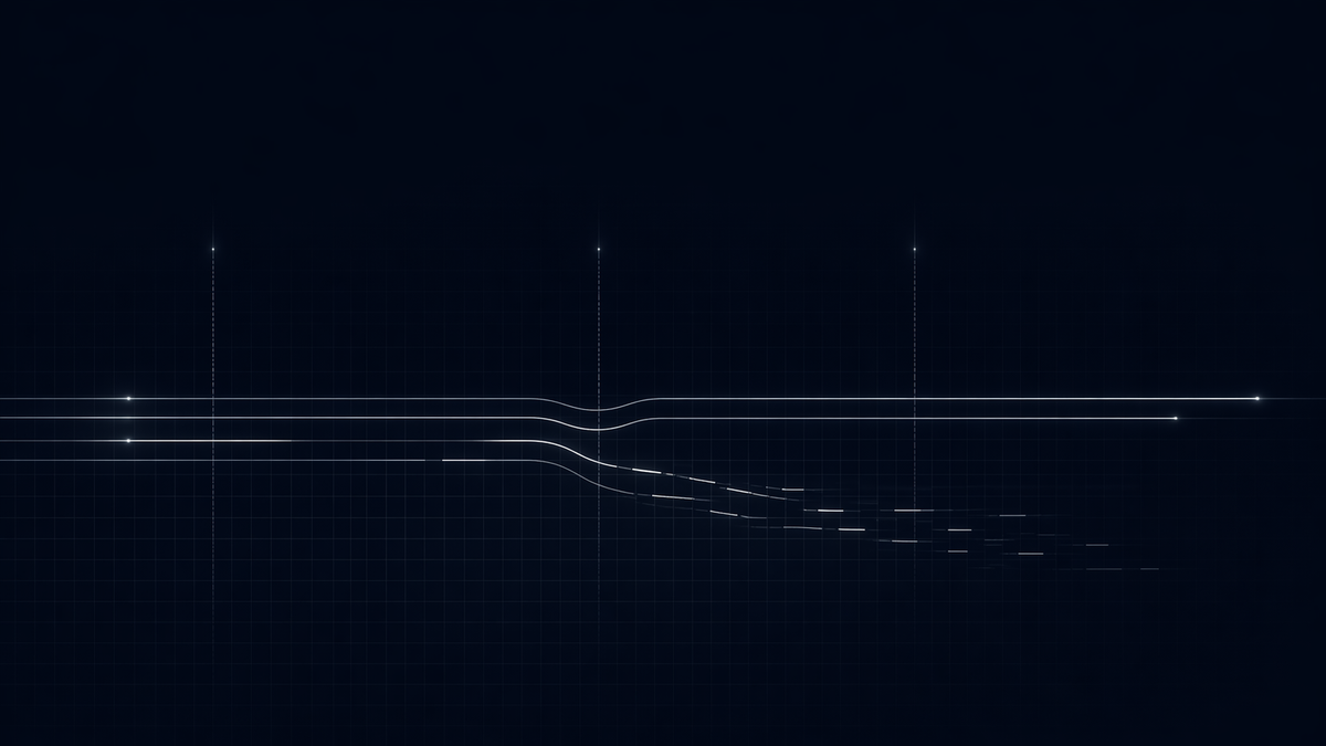 Abstract signal lines diverging on dark grid, representing gap between ACA plan selections and paid enrollment in 2026
