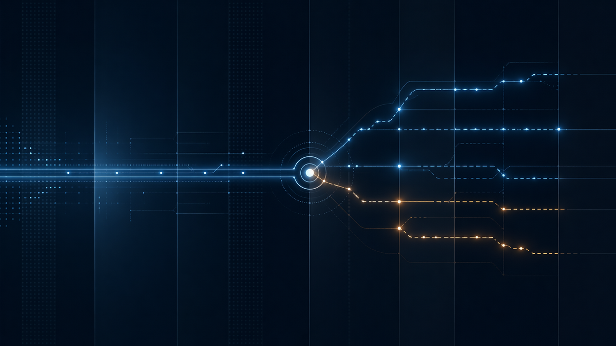 Abstract signal map of tariff refund routing showing upstream CBP validation and branching downstream carrier flows through regulatory layers 