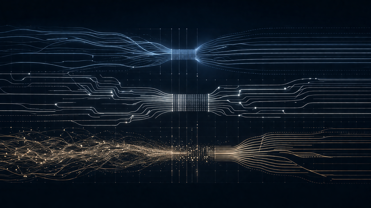 Abstract signal lines compress into layered pathways over a dark grid, illustrating upstream PCB supply pressure and dependency in AI infrastructure