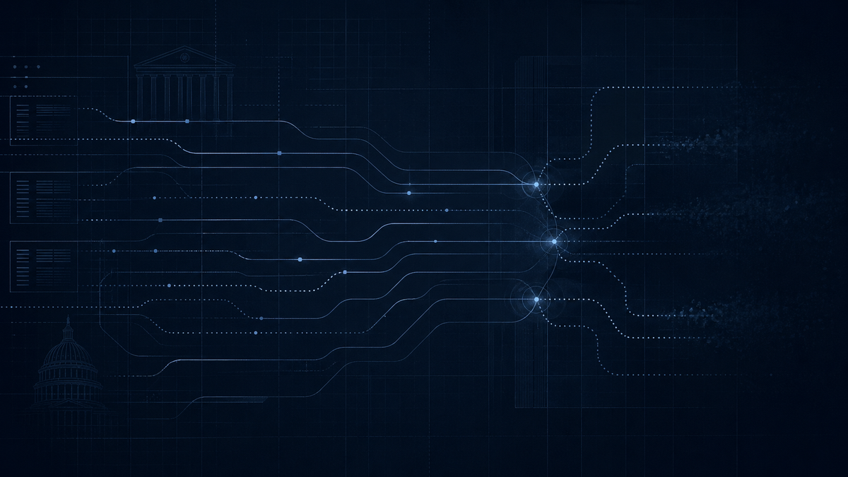 Federal payment-integrity signals converge across a dark oversight grid, showing incomplete measurement and audit traceability.
