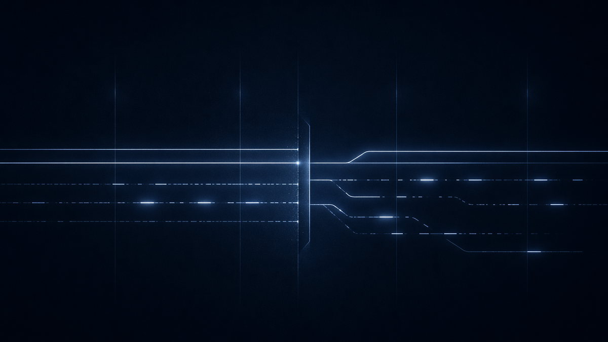 Minimalist grid-based visual of policy systems activating, with early-warning signal divergence, verification checkpoints, and enforcement flow under controlled monitoring