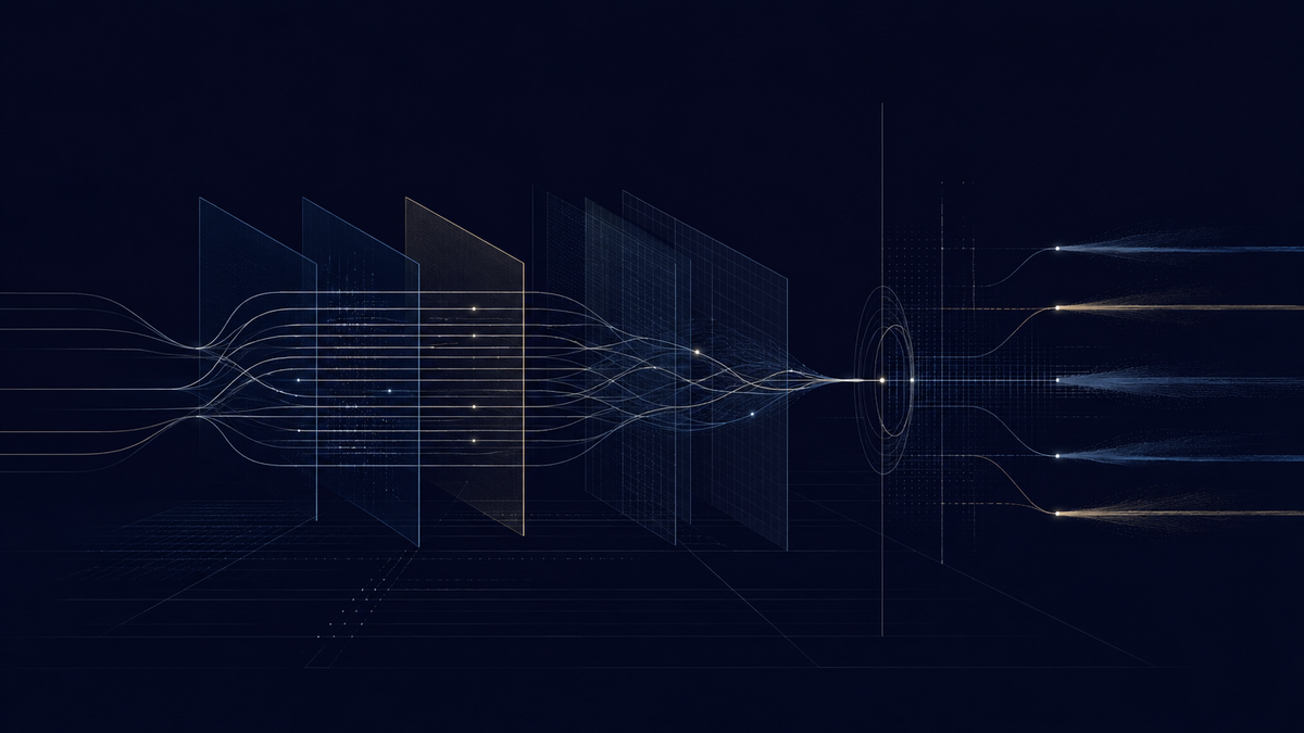 AI governance visual with signal lines, evidence trails, and regulatory timing on a deep navy grid.