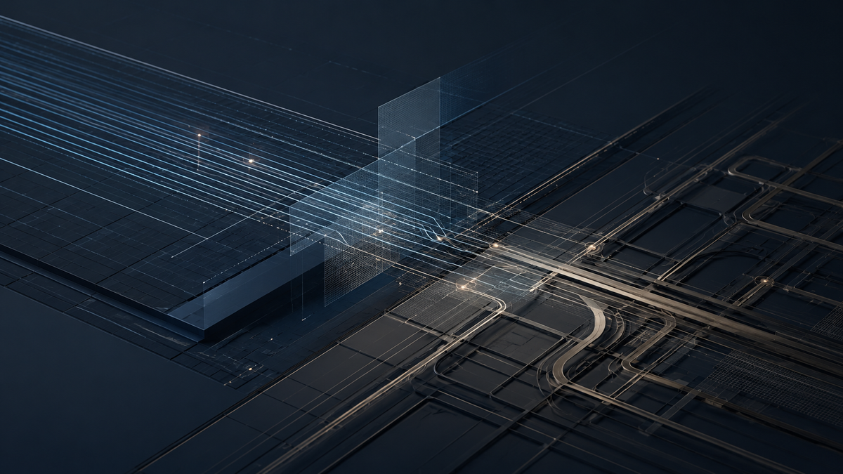 Abstract IT-to-OT signal lines show AI-assisted targeting and detection timing in critical infrastructure.