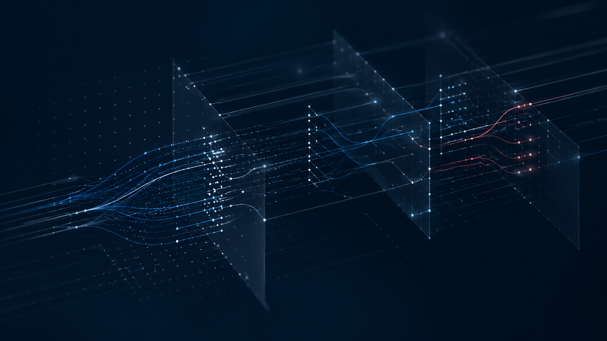 Abstract AI election governance signal lines showing source review, audit paths, and traceability in a dark intelligence grid.