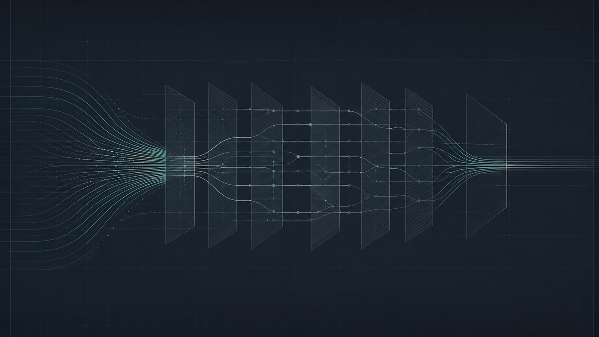 Abstract signal lines pass through layered control gates, representing IEEPA refund traceability after CAPE Phase 1.